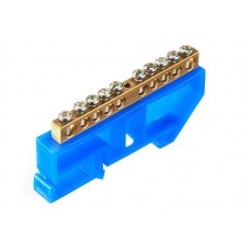 55359 Шина N ноль на изоляторе DIN, синий, 6х9мм, 10 групп, латунь