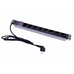 58654 Блок розеток 19, 16А, 8 розеток, шнур 2м, выключатель, корпус алюминий, чёрный/серебряный